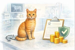 A healthy indoor cat at a veterinary clinic, representing cat insurance costs and coverage options