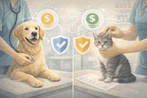 A dog and a cat receiving routine veterinary care, representing pet insurance costs for dogs and cats
