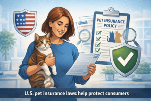 A pet owner confidently holding a pet while reviewing documents, symbolizing consumer protections under US pet insurance laws