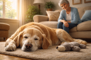 An older dog resting comfortably at home beside its owner, symbolizing the need for affordable insurance coverage for senior pets.