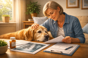 A pet owner consulting veterinary documents while comforting a pet, representing insurance solutions for pre-existing conditions.