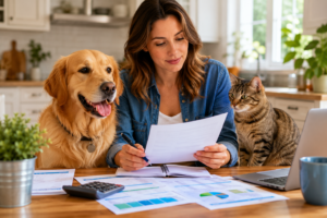 A pet owner reviewing pet insurance policy documents while sitting with a healthy dog and cat, illustrating 2026 pet insurance costs, coverage options, and state regulations in the United States.